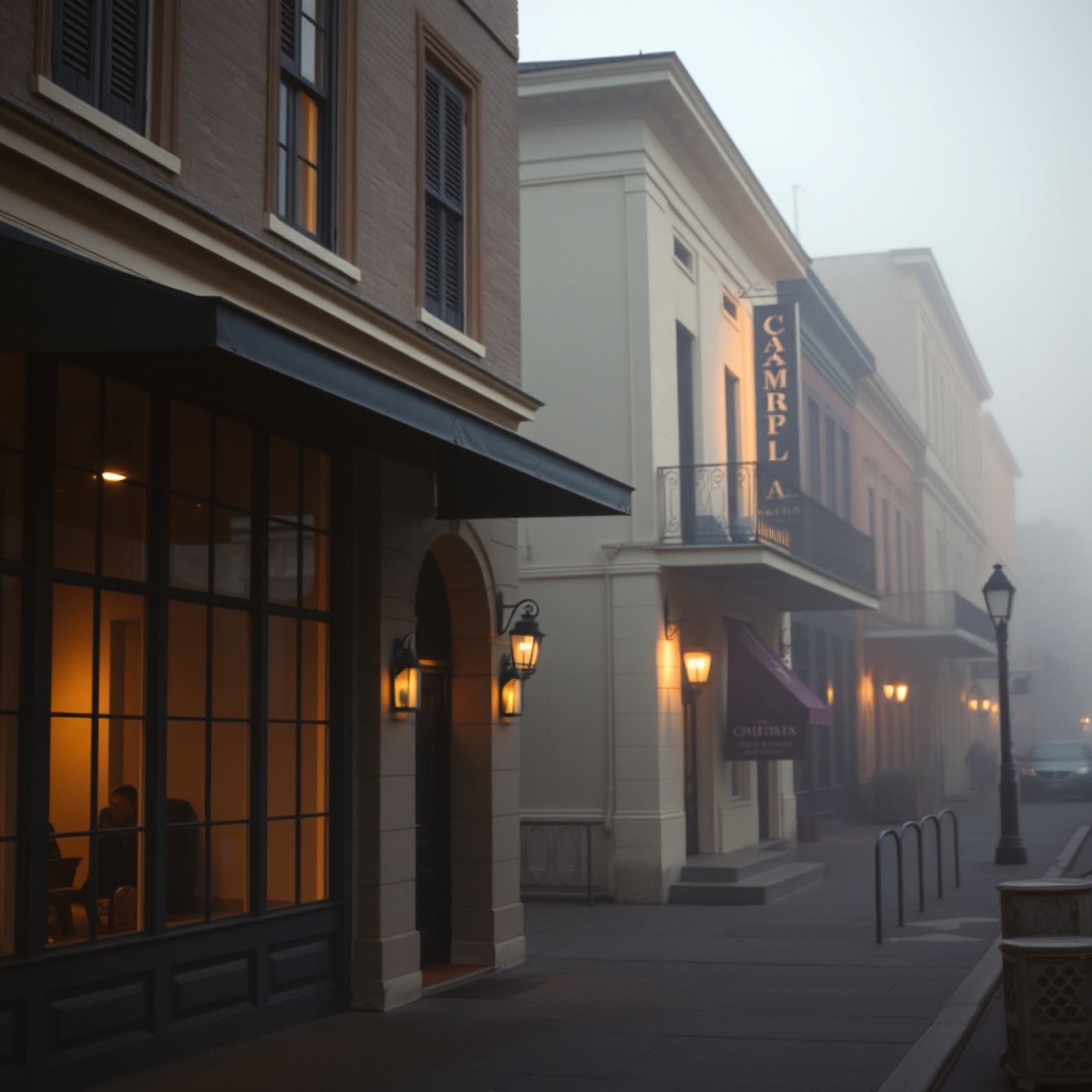 A New Orleans storefront on Magazine Street at dusk, warm window light spilling onto the sidewalk in soft fog.