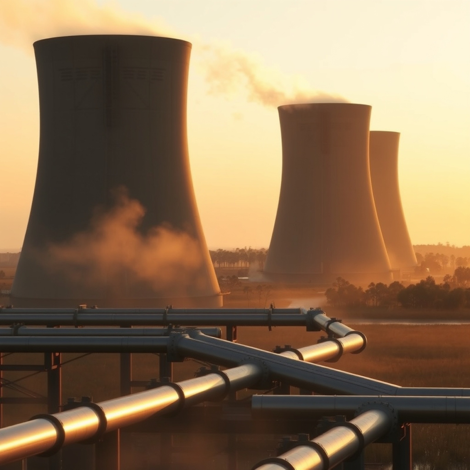 Industrial cooling towers at golden hour with steel pipe gantries, mist, and cypress trees on the horizon.