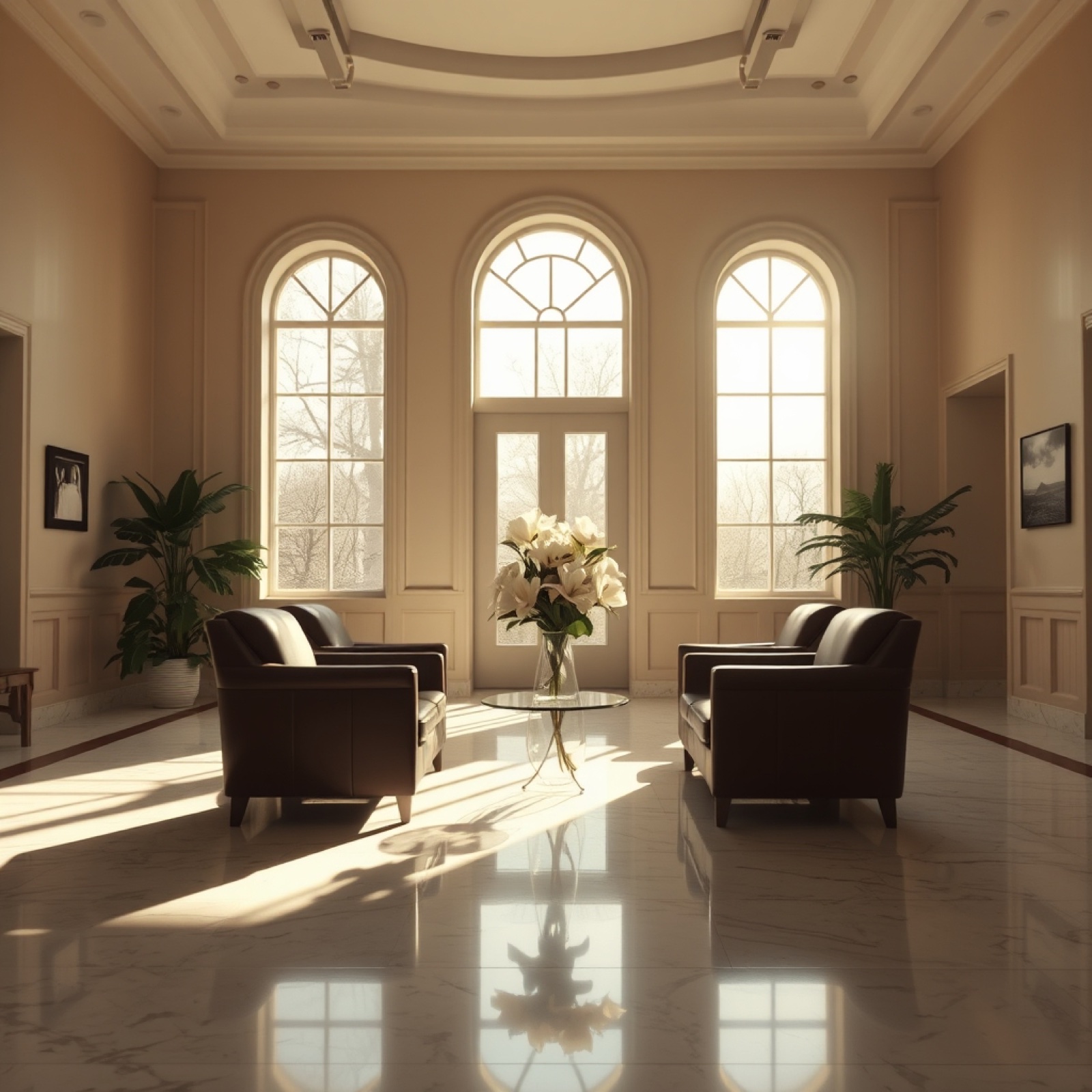 Sunlit clinic lobby with arched windows, marble floors, leather chairs, and fresh magnolias in soft morning light.